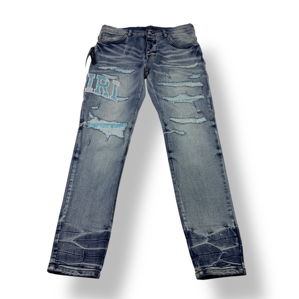 AMIRI Distressed Blue Denim‎ Jeans Men Size 34x30 Logo Patch Distressed NWT